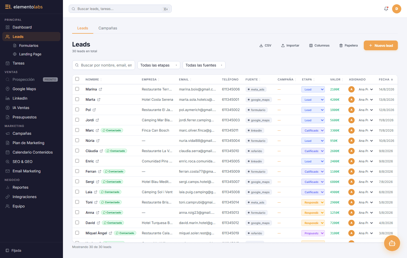 Vista de gestión de leads de ElementoLabs CRM
