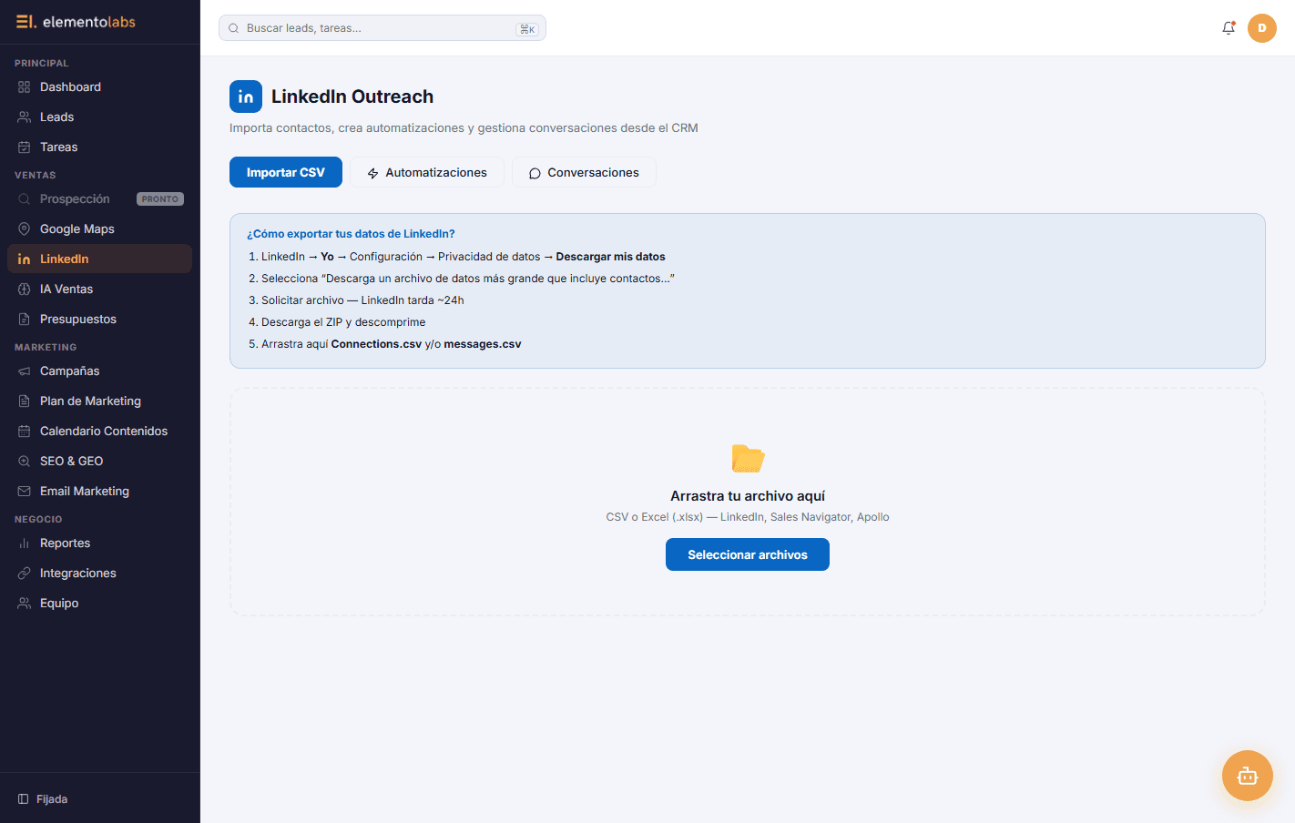 Herramienta de prospección y outreach en LinkedIn de ElementoLabs CRM